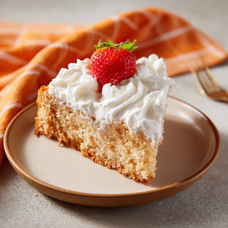 Saftiger Tres Leches Kuchen als einzelnes Stück auf einem Teller mit Schlagsahne und Erdbeere garniert