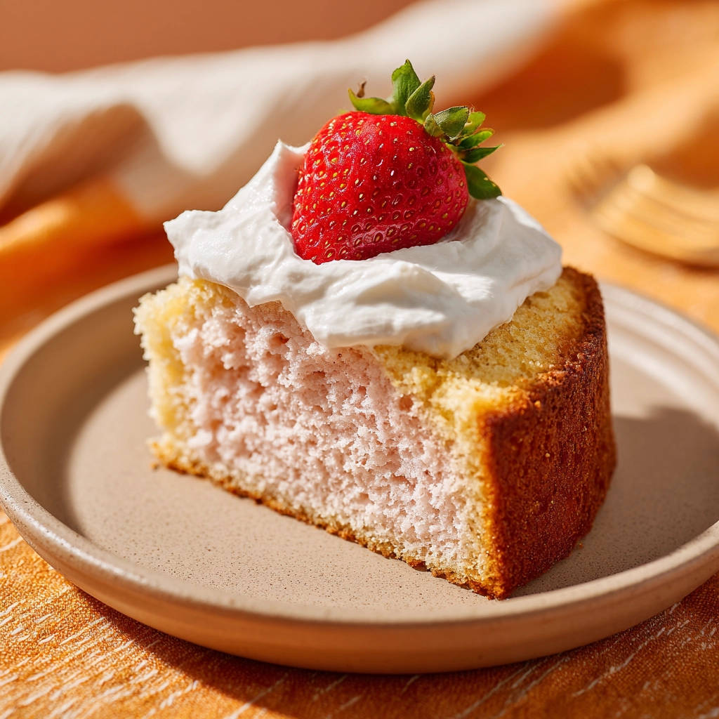 Saftiger Tres Leches Kuchen mit Erdbeere und Sahne, angeschnitten und auf einem Teller serviert.