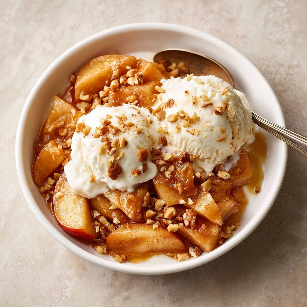 Warme Zimt-Äpfel mit Vanilleeis, garniert mit gehackten Nüssen und Zimtsauce.