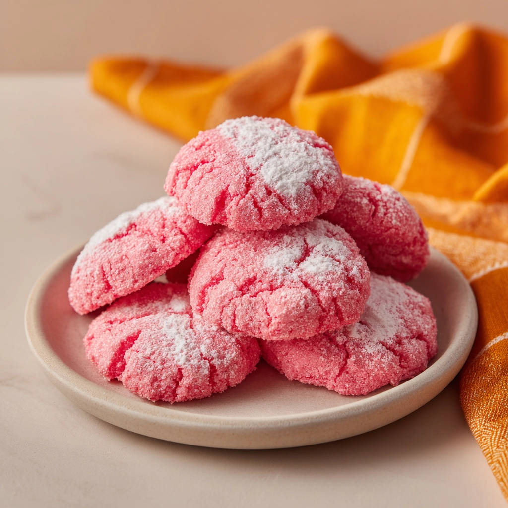 Zarte Crinkle-Kekse mit Puderzucker bestäubt, die auf einem Teller gestapelt sind und ihre Rissstruktur zeigen.