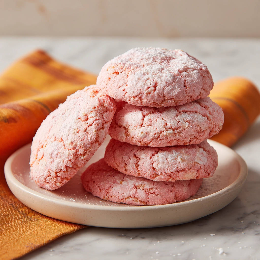Zarte Crinkle-Kekse, die auf einem Teller gestapelt sind und mit Puderzucker bestäubt wurden, mit einem orangefarbenen Tuch im Hintergrund.