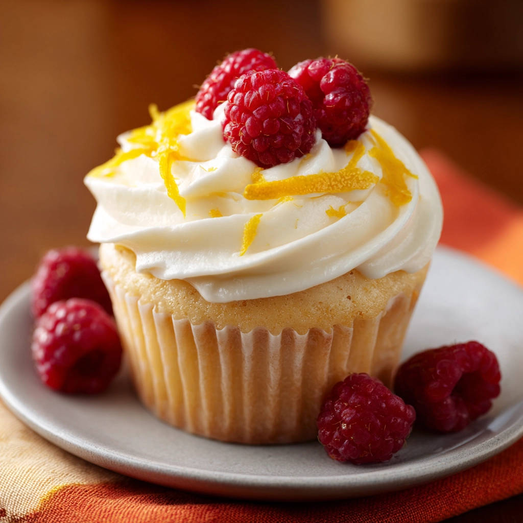 Zitronen-Himbeer Cupcakes mit cremigem Frosting, garniert mit frischen Himbeeren und Zitronenzesten, auf einem Teller serviert.