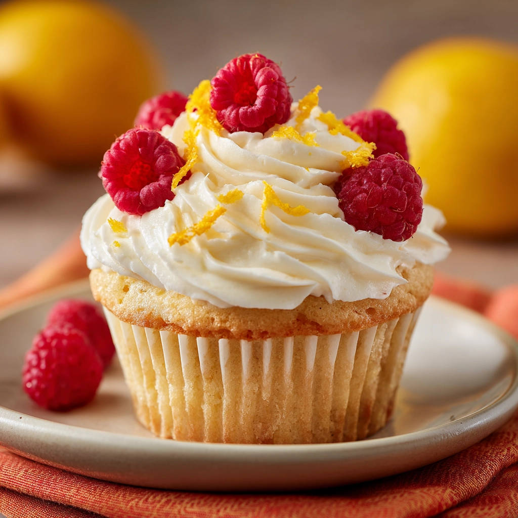 Zitronen-Himbeer Cupcakes mit Frosting, Himbeeren und Zitronenschale garniert auf einem Teller serviert