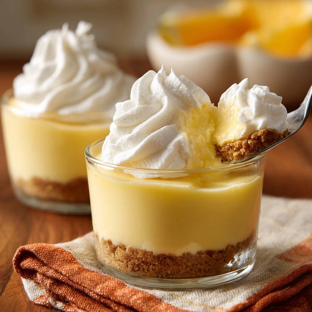 Zitronen-Schicht-Dessert im Glas angeschnitten mit einem Löffel, der die Schichten aus Keksboden und Zitronencreme zeigt.