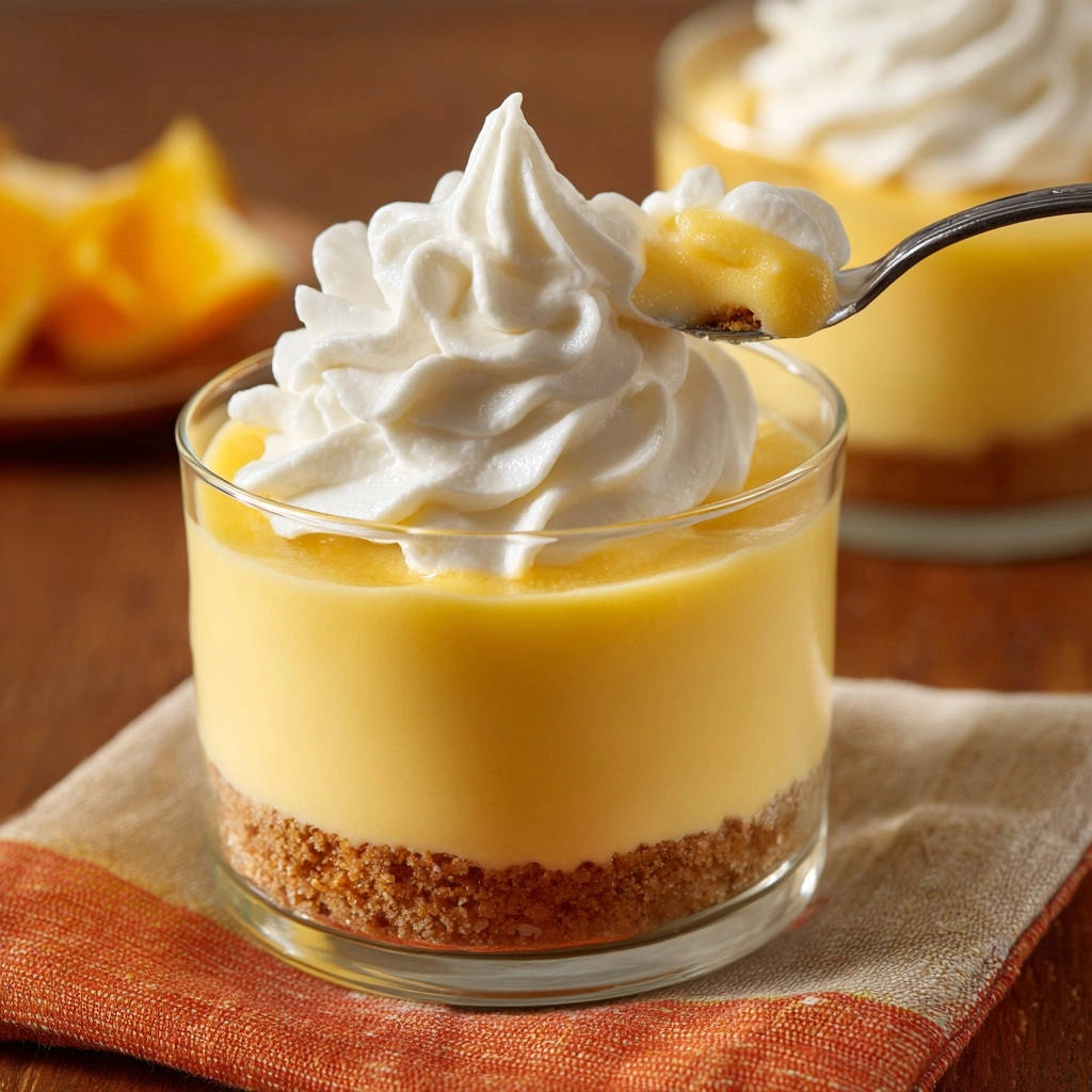 Zitronen-Schicht-Dessert im Glas, Nahaufnahme mit einem Löffel, der eine Portion mit Sahne heraushebt.