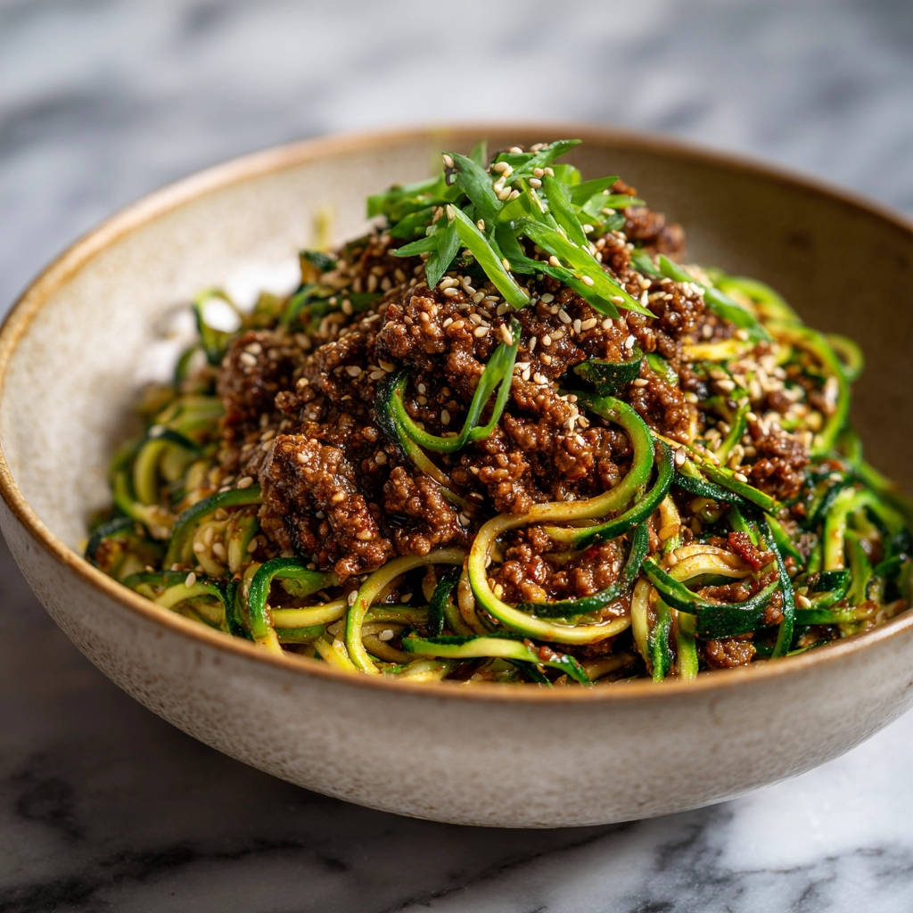 Zoodle-Bowl mit Hackfleischsoße, garniert mit Frühlingszwiebeln und Sesamsamen, serviert in einer Schüssel.