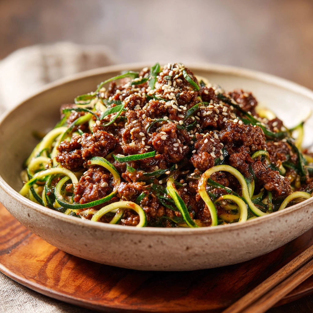Zoodle-Bowl mit Hackfleischsoße, garniert mit Sesam und Frühlingszwiebeln, serviert in einer Schüssel.