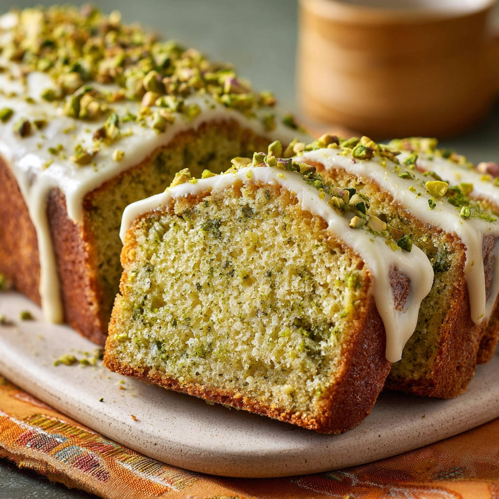 Saftiger Zucchini-Pistazien-Kuchen angeschnitten mit Zuckerguss und gehackten Pistazien bestreut