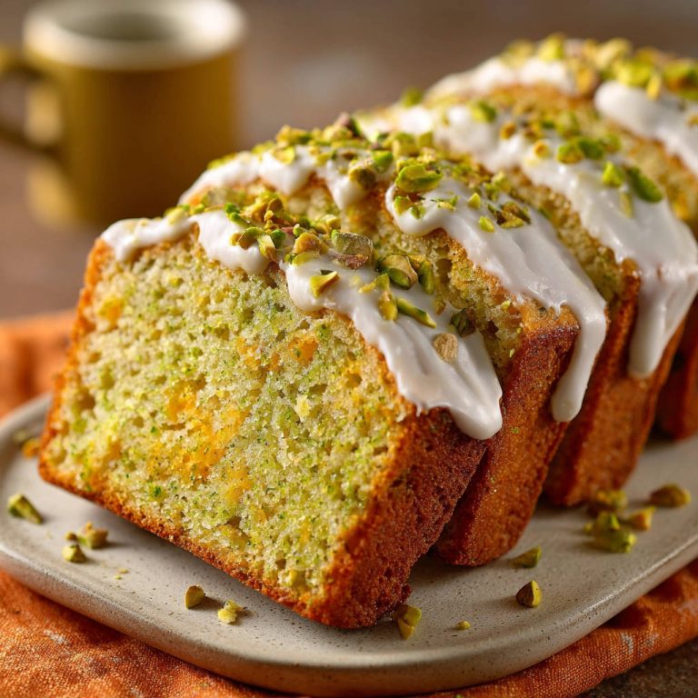 Saftiger Zucchini-Pistazien-Kuchen angeschnitten mit weißer Glasur und gehackten Pistazien, Nahaufnahme des Kuchens auf einem Teller.