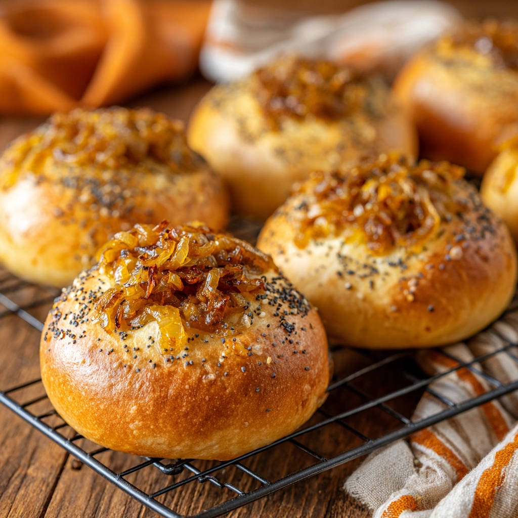 Zwiebelbrötchen mit karamellisierten Zwiebeln und Mohn, abgekühlt auf einem schwarzen Gitterrost auf einem Holztisch.