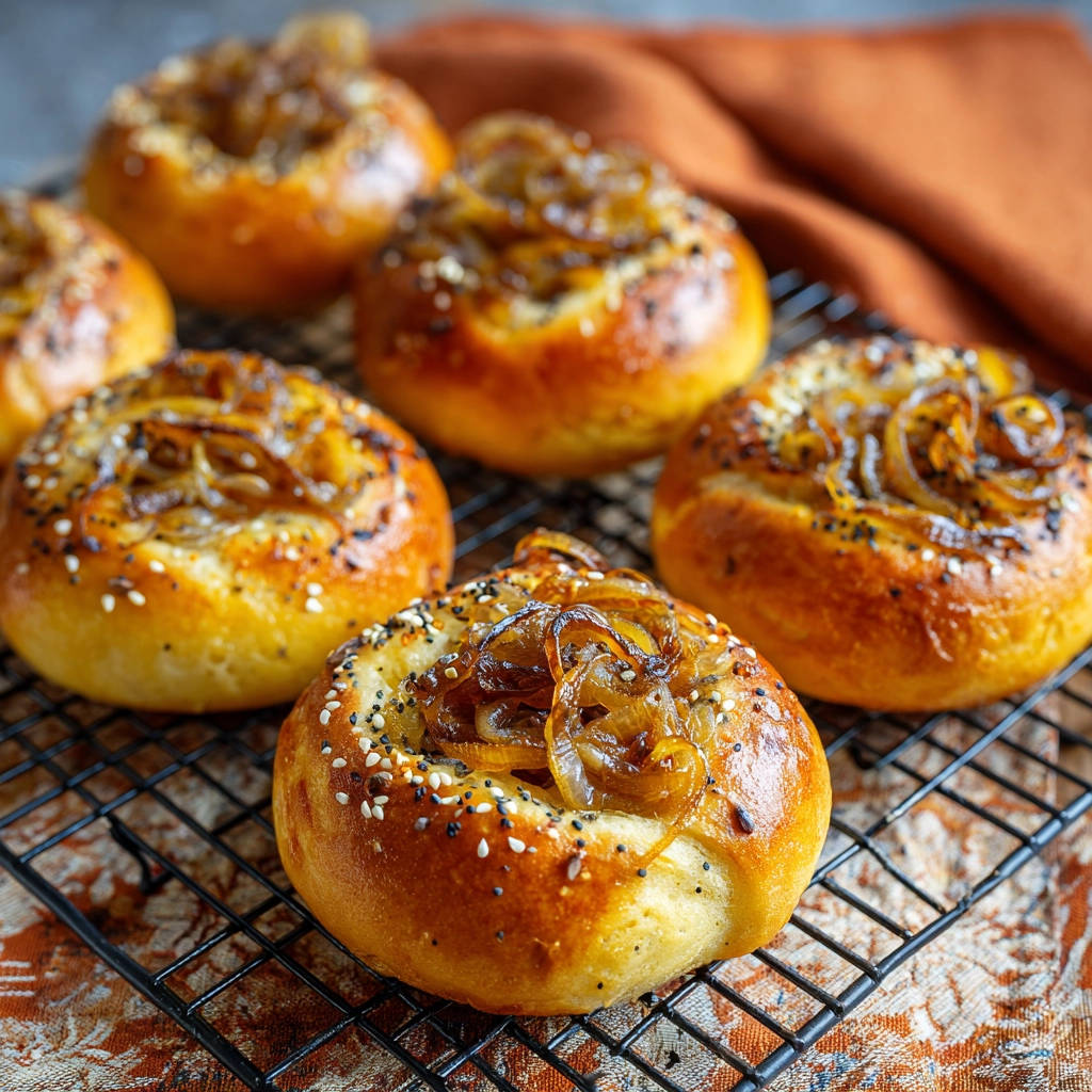 Zwiebelbrötchen mit karamellisierten Zwiebeln und Samen, die auf einem schwarzen Gitterrost abgekühlt werden.