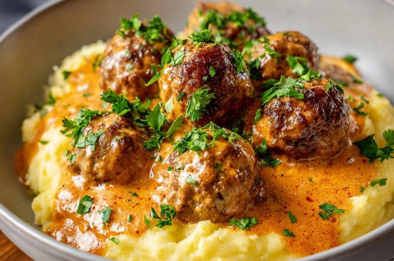 Saftige Hackbällchen in cremiger Paprika-Soße auf Kartoffelpüree
