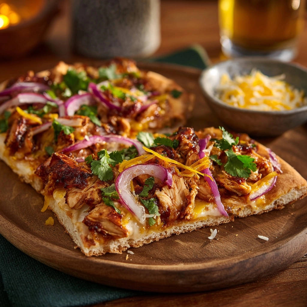 Saftiges BBQ-Hähnchen-Fladenbrot angeschnitten, zeigt zarte Hähnchenstücke und rote Zwiebeln auf knusprigem Teig.