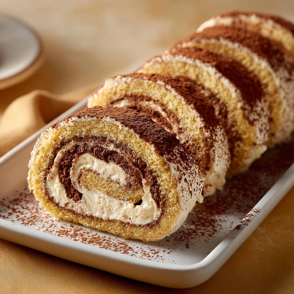 Himmlische Biskuitrolle mit zweifacher Creme, angeschnitten und im Querschnitt mit cremiger Füllung und Kakaopulver bestäubt.