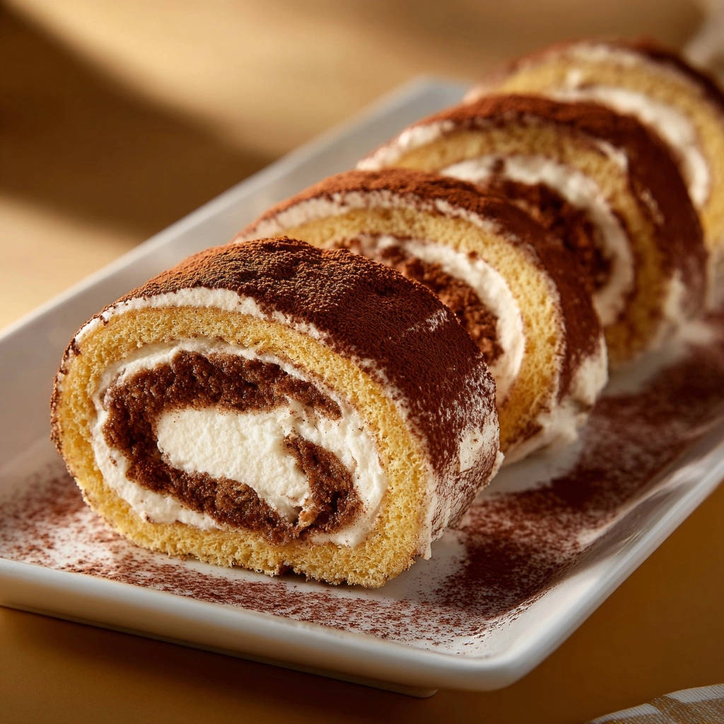 Himmlische Biskuitrolle mit zweifacher Creme angeschnitten, zeigt die cremige Füllung und den saftigen Teig.