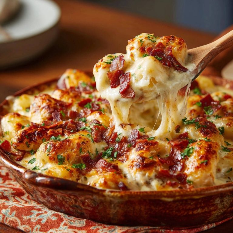 Cremiges Blumenkohl-Käse-Gratin mit Knusper-Bacon, das mit einem Holzkochlöffel herausgenommen wird und der Käse Fäden zieht.