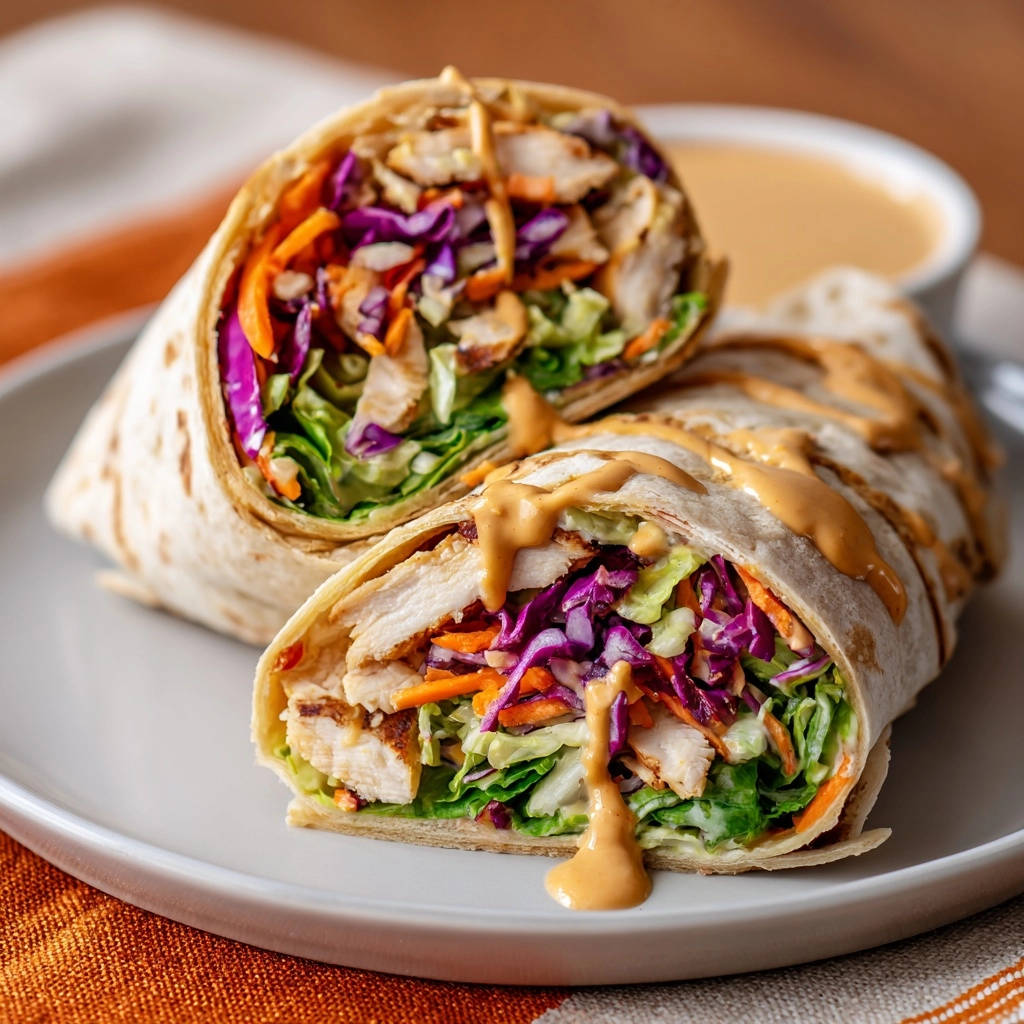 Bunter Asia-Wrap mit Erdnuss-Hähnchen, angeschnitten auf einem Teller mit Sauce daneben