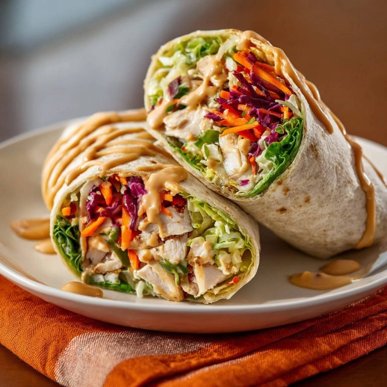 Bunter Asia-Wrap mit Erdnuss-Hähnchen, angeschnitten auf einem Teller mit Sauce beträufelt