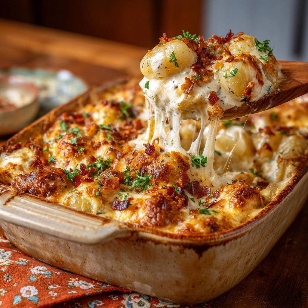 Cremiges Blumenkohl-Käse-Gratin mit Knusper-Bacon, das durch den geschmolzenen Käse gezogen wird.