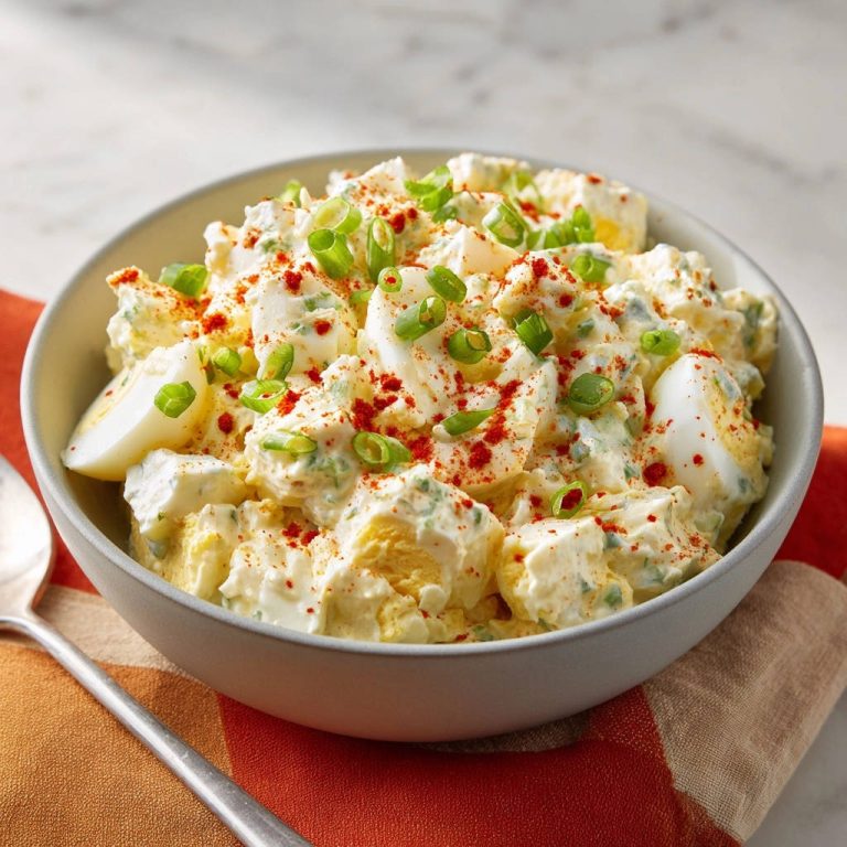 Cremiger Kartoffelsalat mit Ei, garniert mit Paprikapulver und Frühlingszwiebeln, in einer Schüssel serviert.