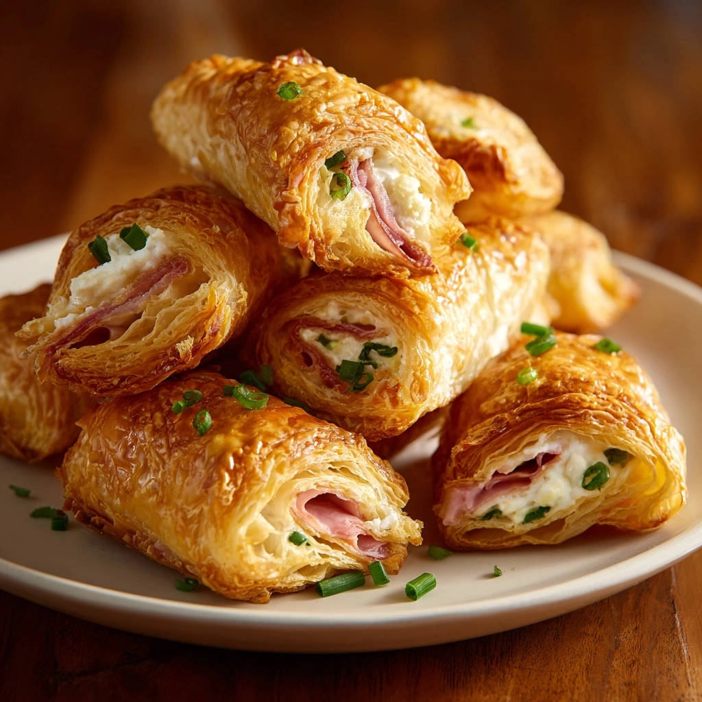 Cremige Schinken-Käse-Blätterteig-Röllchen im Nahaufnahme-Querschnitt, die das knusprige Gebäck mit Schinken und cremiger Füllung zeigen.