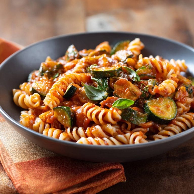 Cremige Zucchini-Tomaten-Fusilli, nahaufnahme der spiralförmigen Pasta mit Zucchini- und Tomatenstücken und Basilikum.