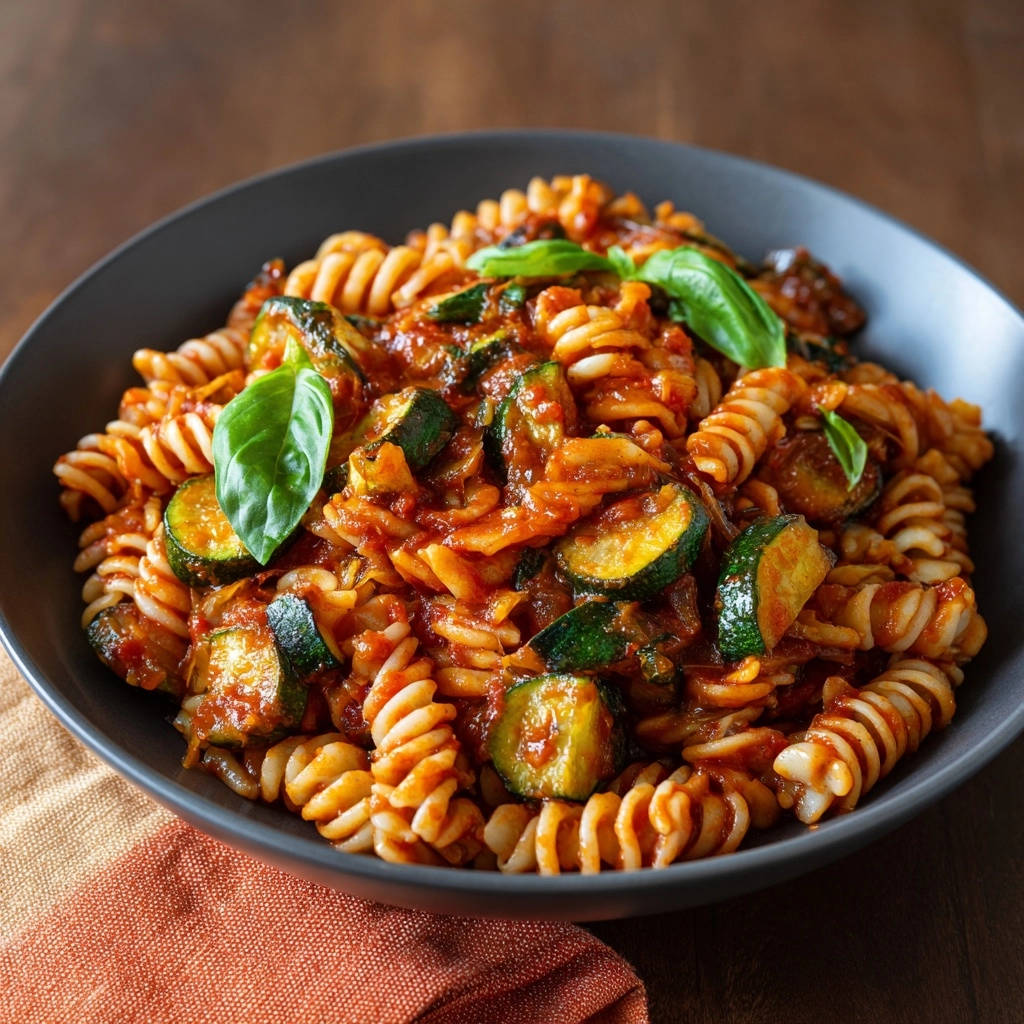 Cremige Zucchini-Tomaten-Fusilli, eine Nahaufnahme mit frischem Basilikum, das die Textur der Pasta und des Gemüses zeigt.