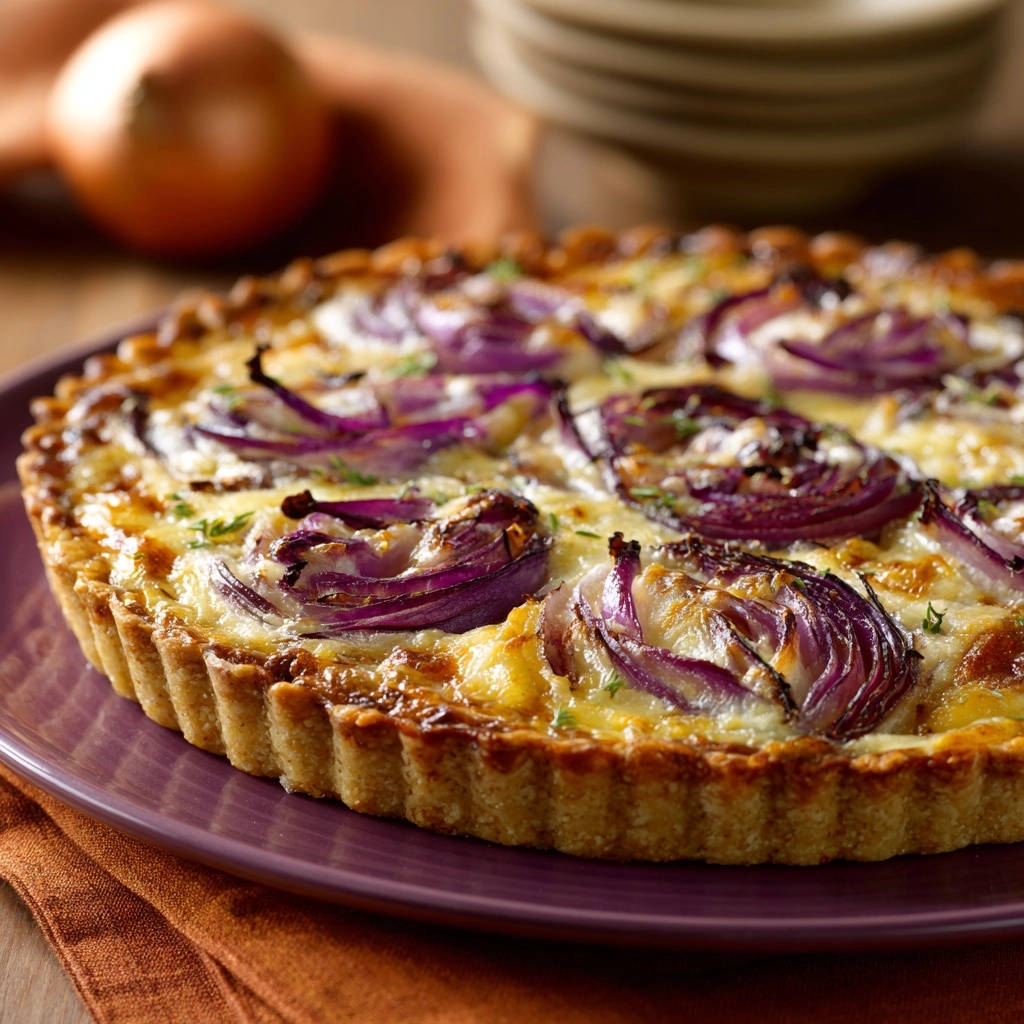 Cremige Zwiebel-Tarte, eine Nahaufnahme des ganzen, goldbraun gebackenen Kuchens mit roten Zwiebeln und Käse.