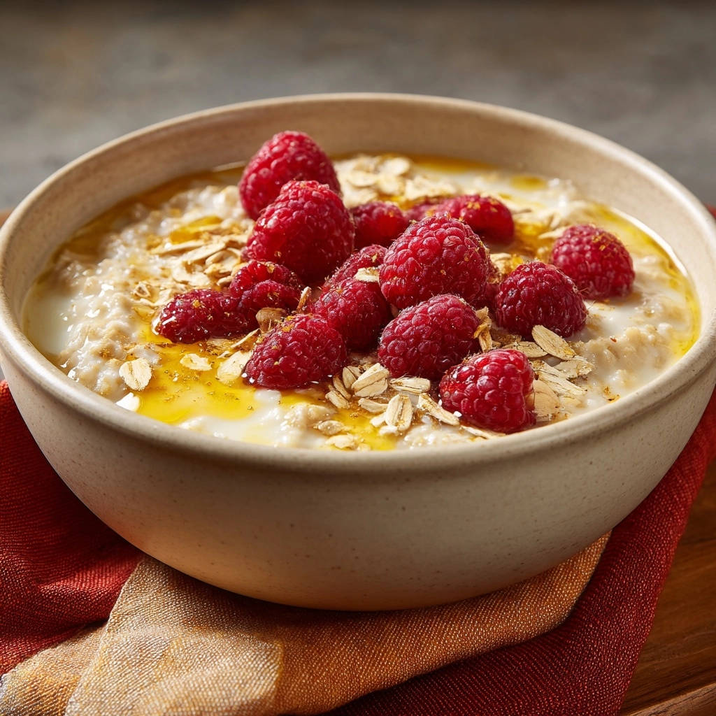 Cremiger Haferbrei mit Himbeeren und Honig, garniert mit frischen Beeren und Haferflocken, aus einer Schüssel serviert.