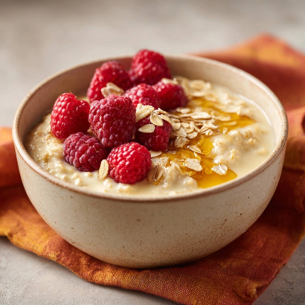 Cremiger Haferbrei mit Himbeeren und Honig, detailreich garniert mit frischen Beeren und Haferflocken.