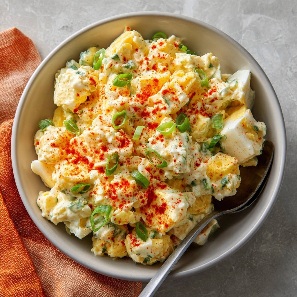 Cremiger Kartoffelsalat mit Ei, garniert mit Paprikapulver und Frühlingszwiebeln, in einer Schüssel serviert.