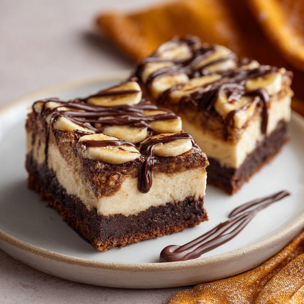 Cremiger Schoko-Bananen-Käsekuchen, zwei servierte Stücke mit Schokodrizzle und Bananenscheiben garniert.
