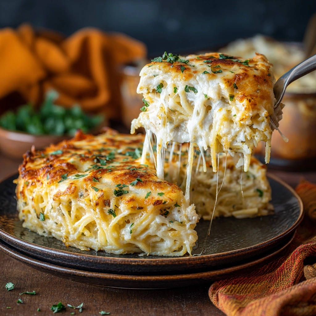 Cremiges Spaghetti-Gratin aus der Pfanne, angeschnitten, mit geschmolzenem Käse, der Fäden zieht und frisch gehackter Petersilie garniert.