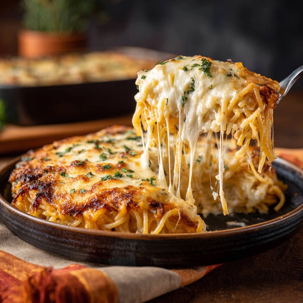 Cremiges Spaghetti-Gratin aus der Pfanne angeschnitten mit geschmolzenem Käse und Petersilie garniert.