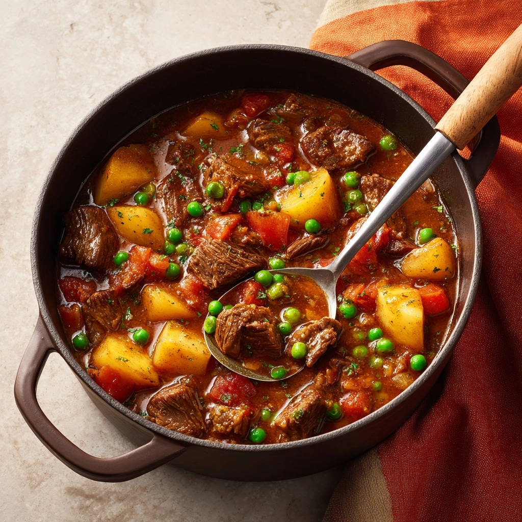Deftiger Rindereintopf aus der Nähe mit einer Kelle, die Fleisch, Kartoffeln und Erbsen zeigt.