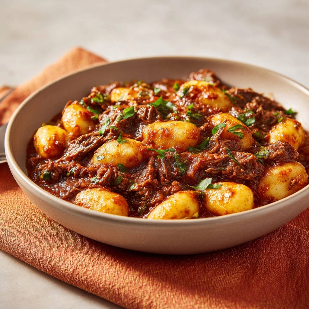 Deftiges Rinderragu auf Gnocchi, eine Nahaufnahme, die die Textur des geschmorten Rindfleischs und die weichen Gnocchi zeigt.