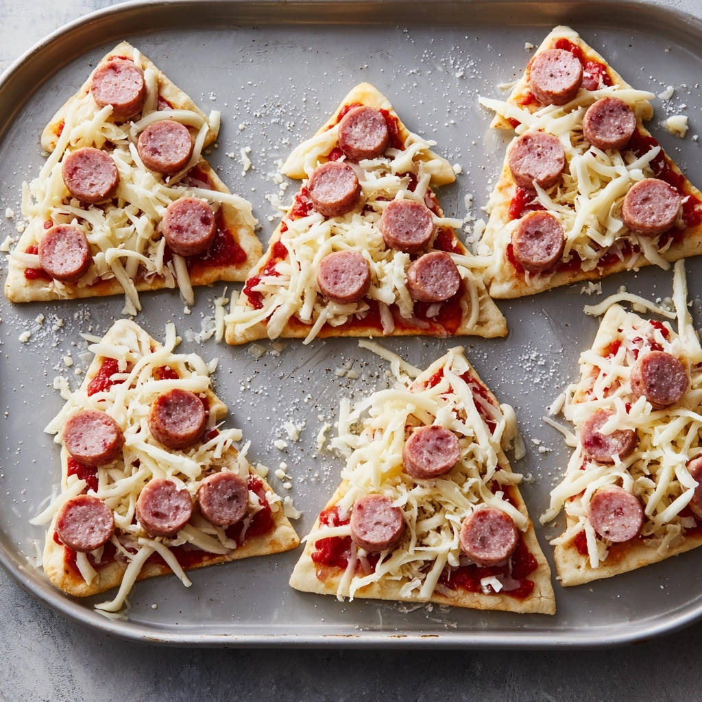 Festliche Pizzabäumchen roh mit Wurst und Käse belegt auf einem Backblech, bereit zum Backen.
