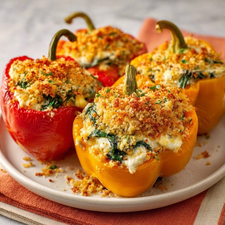 Gefüllte Paprika für Genießer mit knuspriger Kruste, Nahaufnahme des herzhaften Belags und des Inneren.