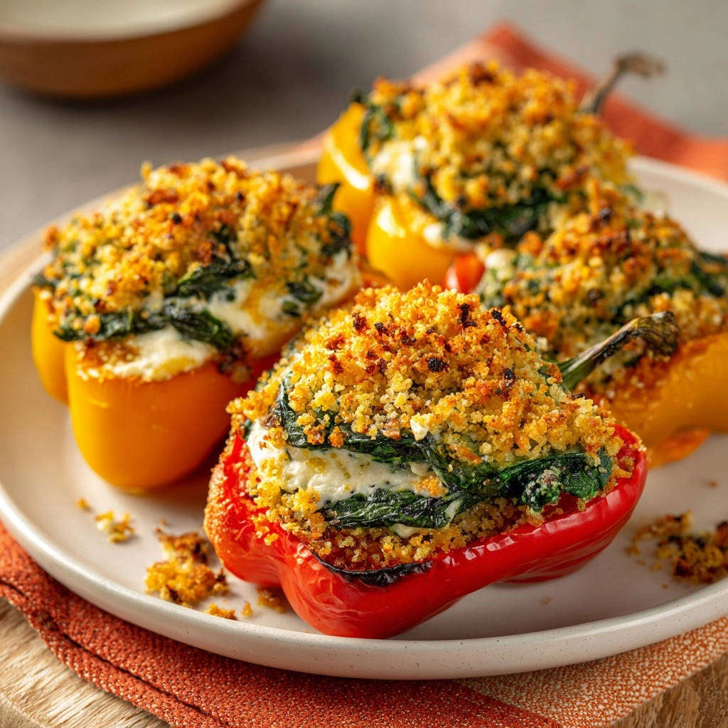 Gefüllte Paprika für Genießer: Nahaufnahme der knusprig überbackenen Spitzen mit Käse und Spinatfüllung.