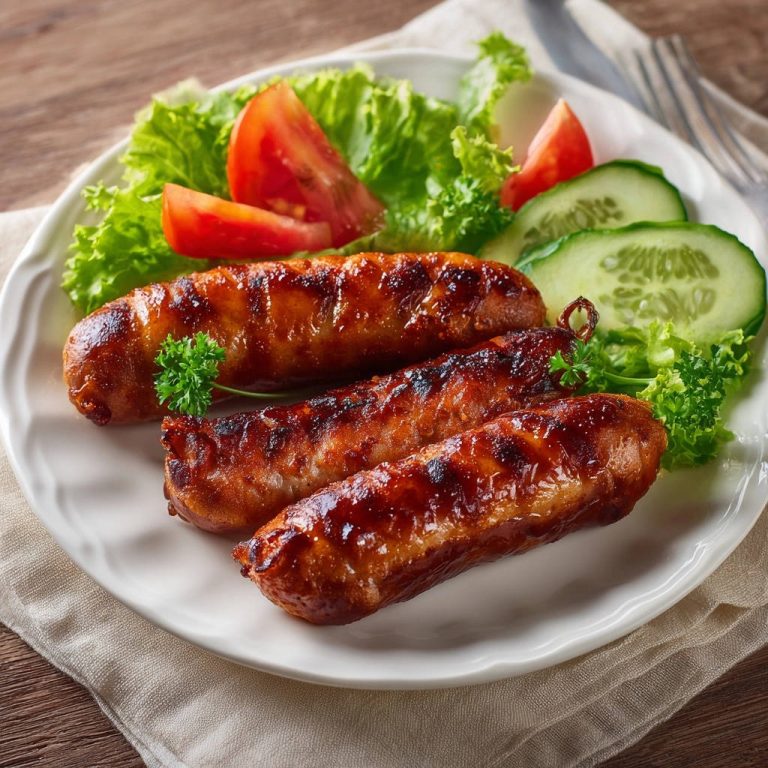 Gegrillte Würstchen mit Salatbeilage, eine Nahaufnahme der glasierten Würstchen und frischen Beilagen.