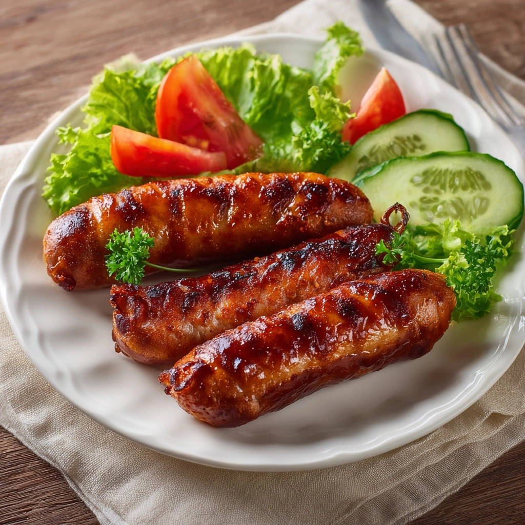 Gegrillte Würstchen mit Salatbeilage, eine Nahaufnahme der glasierten Würstchen und frischen Beilagen.
