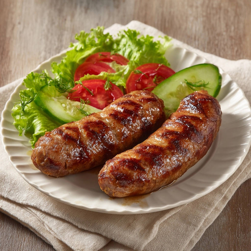 Optimale gegrillte Würstchen mit Salatbeilage, serviert auf einem weißen Teller mit Tomaten, Gurken und Salatblättern.
