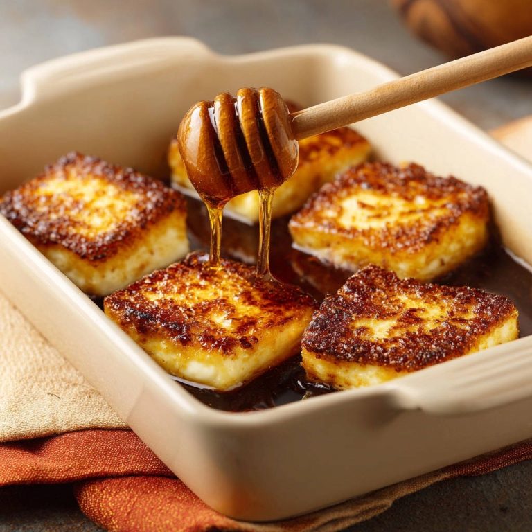 Goldbrauner Halloumi mit Honig, wie er mit einem Honigtopfer übergossen wird.