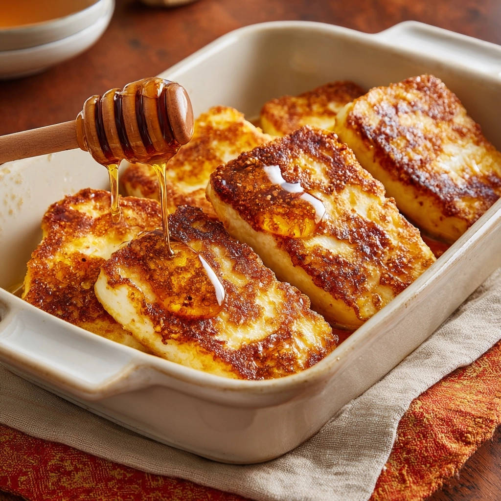 Goldbrauner Halloumi mit Honig, wie Honig mit einem Löffel darüber geträufelt wird, zeigt die Textur des Käses.