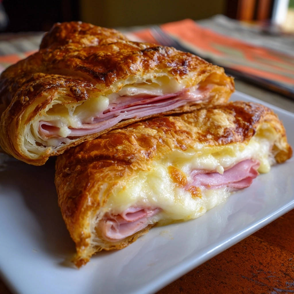Goldene Schinken-Käse-Croissants angeschnitten, die geschmolzene Käse- und Schinkenschichten im knusprigen Blätterteig zeigen.