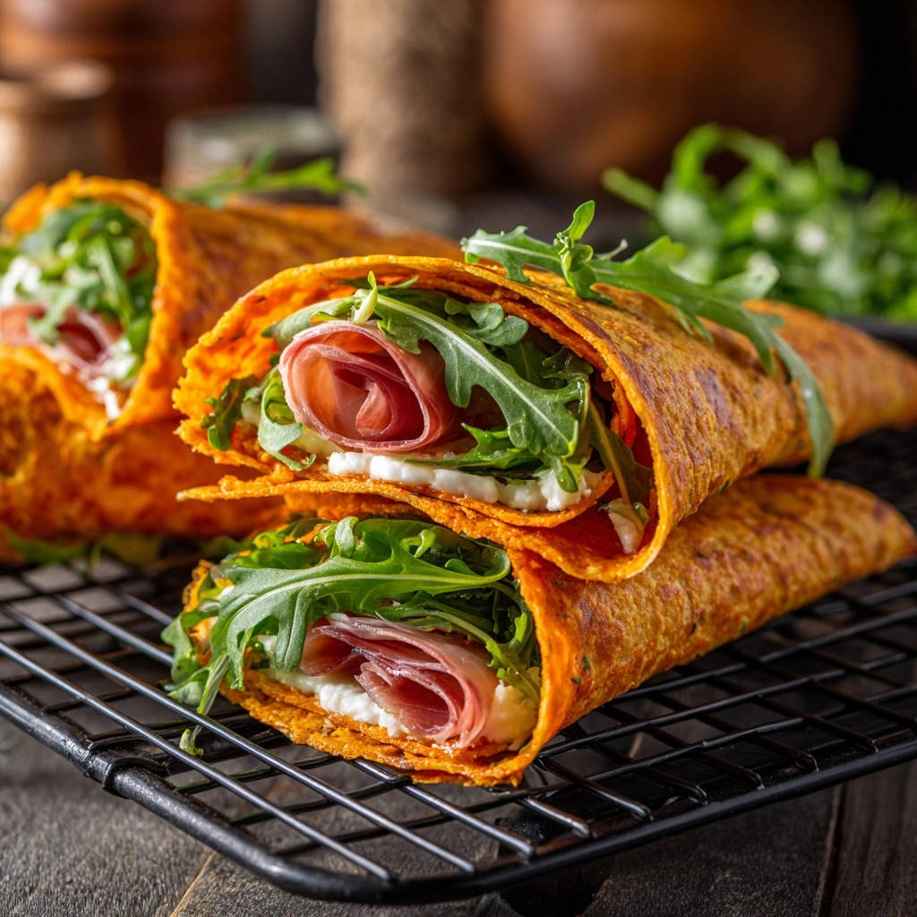 Goldene Schinken-Rucola-Wraps mit Burrata, Nahaufnahme der gefüllten Wraps mit Schinken, Rucola und Burrata, die auf einem Rost liegen.