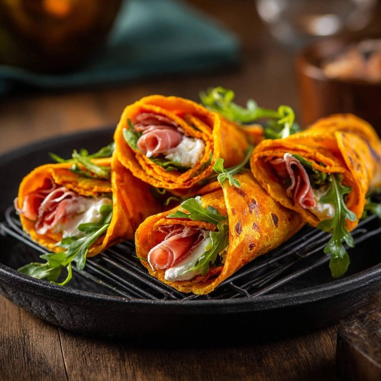 Goldene Schinken-Rucola-Wraps mit Burrata, nah aufgenommen, zeigen die cremige Füllung und frischen Rucola.
