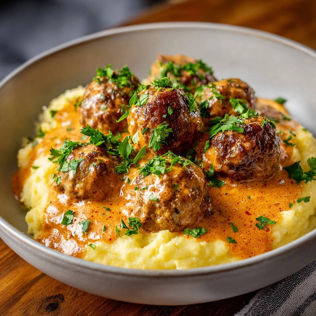 Saftige Hackbällchen in cremiger Paprika-Soße auf Kartoffelpüree, garniert mit Petersilie, in einer Nahaufnahme.