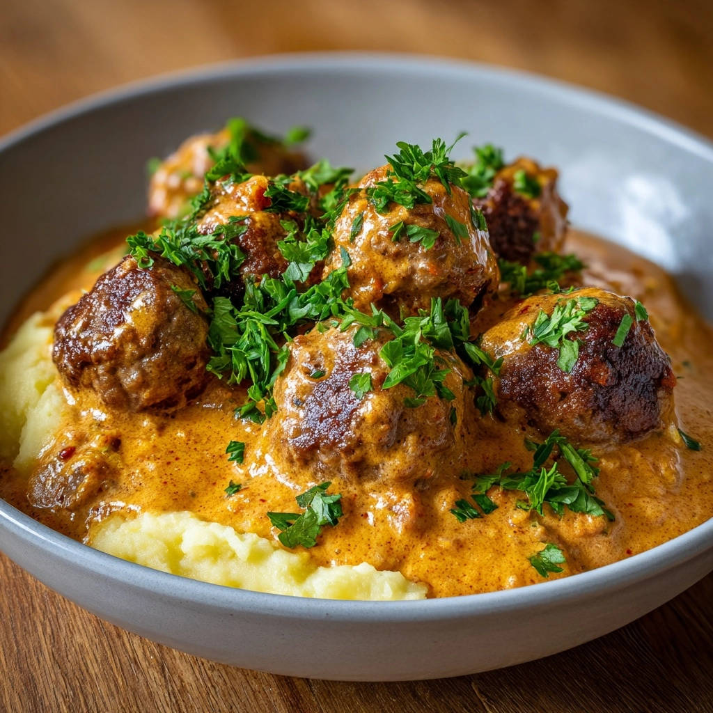 Saftige Hackbällchen in cremiger Paprika-Soße auf Kartoffelpüree, nahaufnahme mit frischer Petersilie garniert