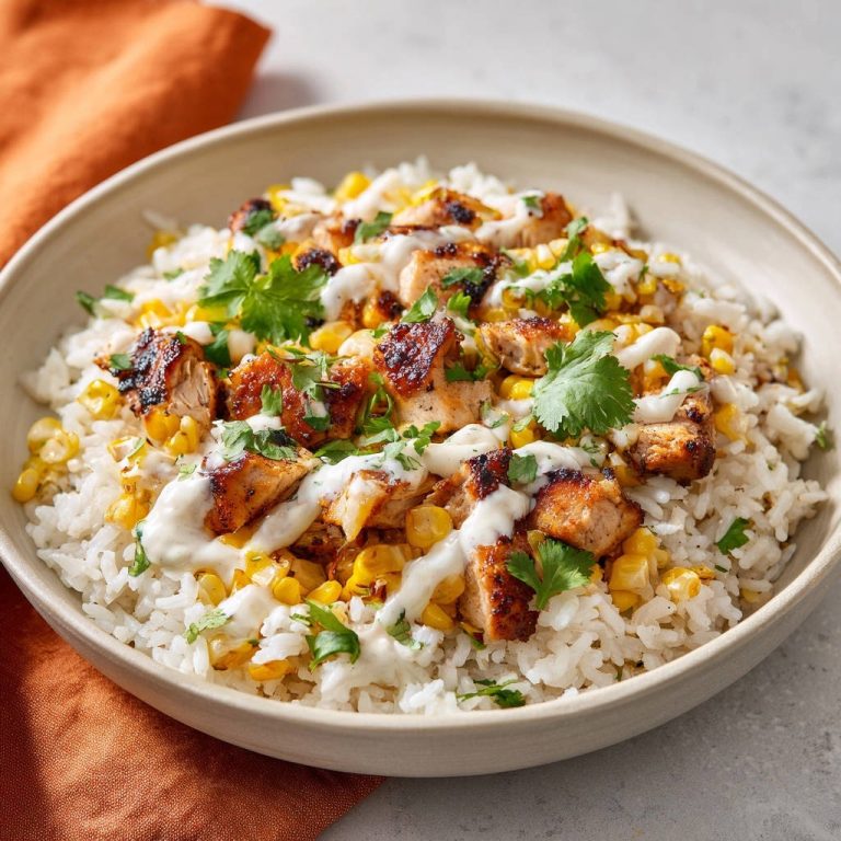Saftige Hähnchen-Reis-Bowl mit Charred Corn, nahaufnahme der Garnitur aus Koriander und Sauce